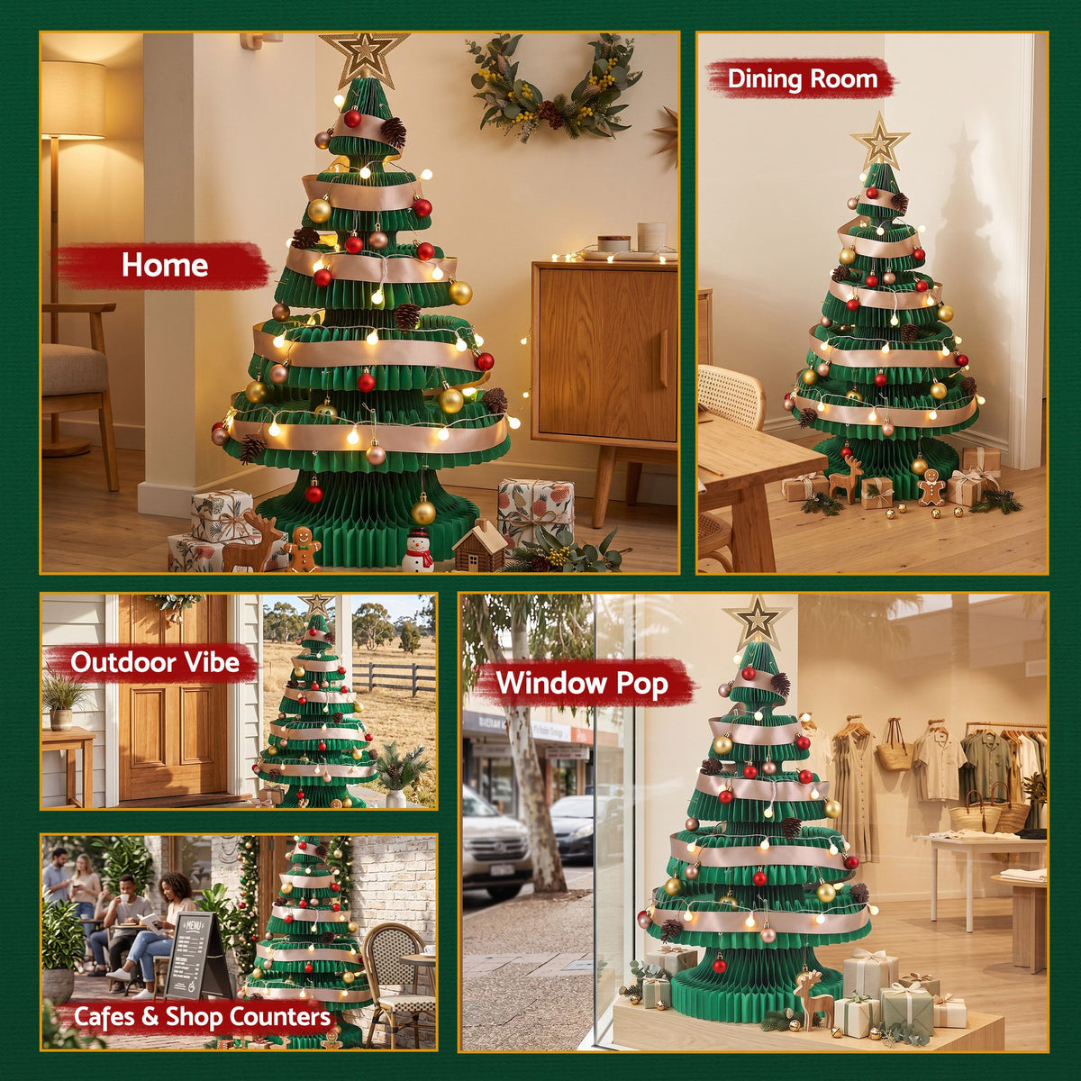 2.8ft 87cm Paper Christmas Tree with Star Topper LEDs Xmas Decorations Kit Green