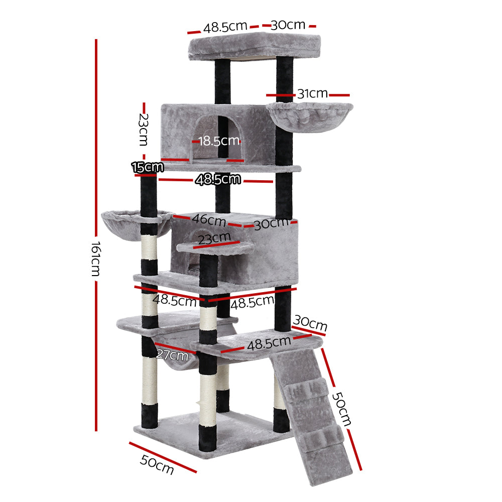 Cat Tree Tower Scratching Post Scratcher Wood Condo House Play Bed 161cm - Grey