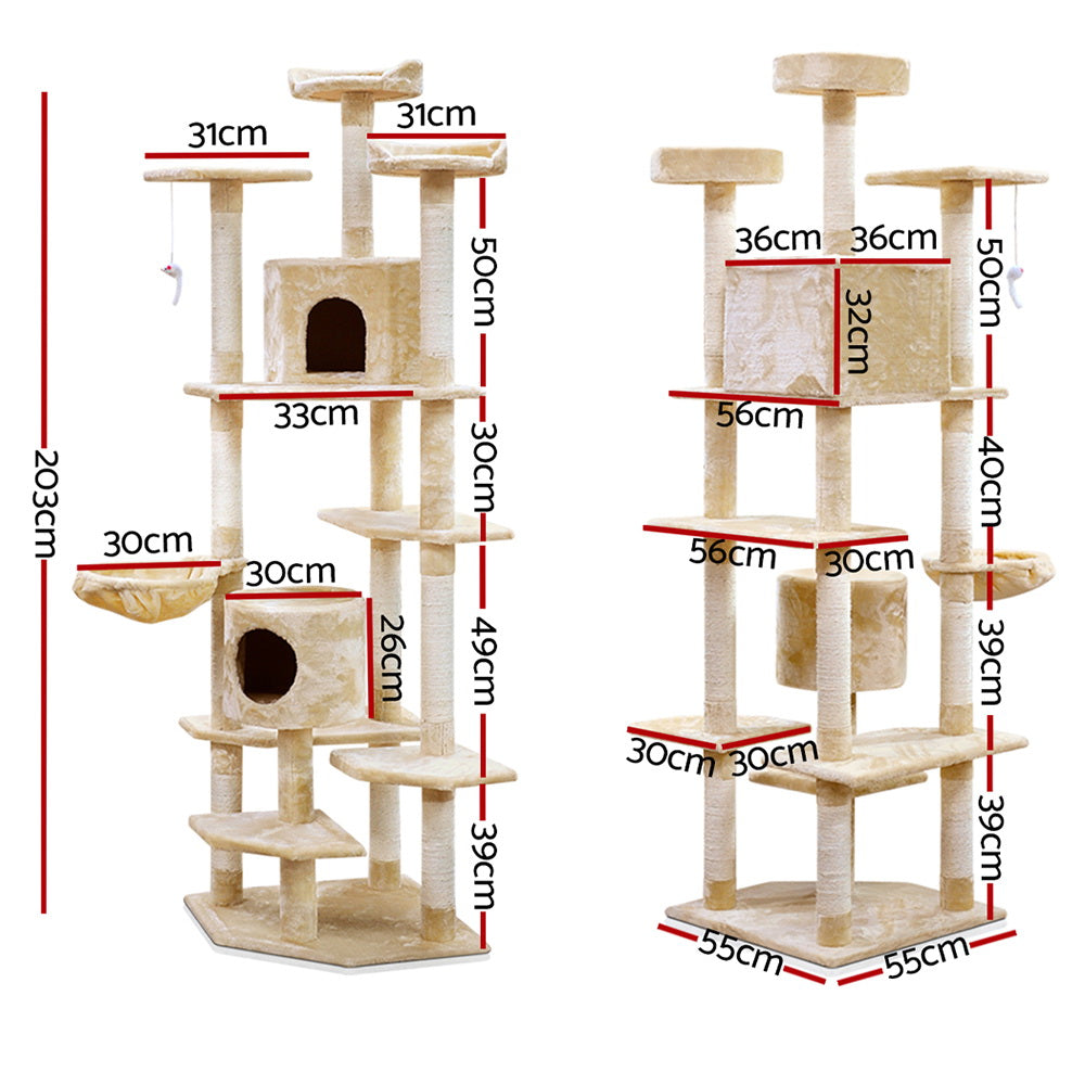 Cat Tree 203cm Trees Scratching Post Scratcher Tower Condo House Furniture Wood - Beige