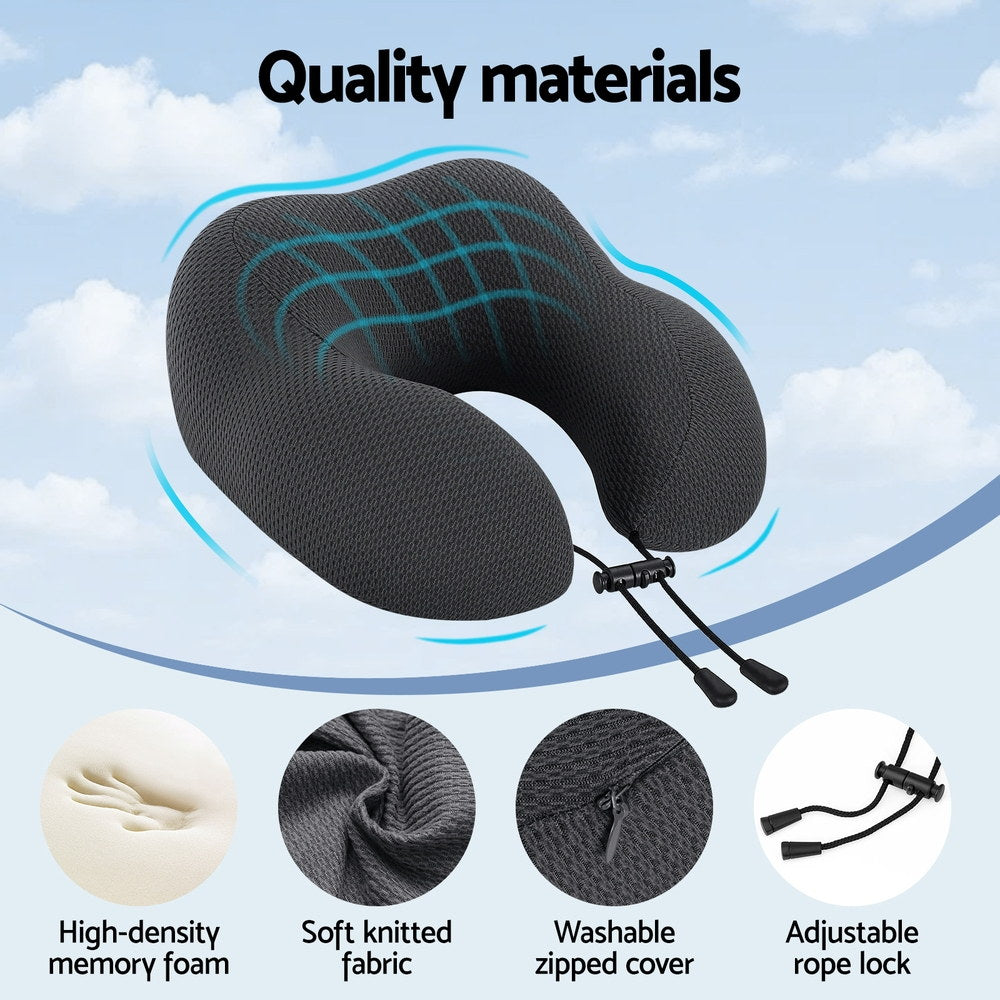 Travel Neck Pillow U-Shape Support Memory Foam Plane Car Cushion - Black