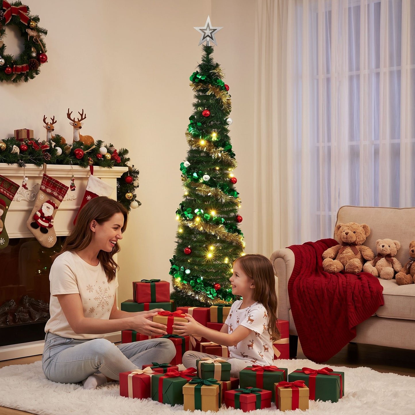 5ft 160cm Pop Up Christmas Tree Pre Decorated Warm White LED