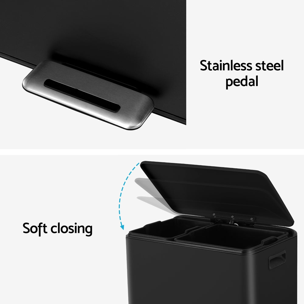 40L Pedal Bins Rubbish Bin Dual Compartment Waste Recycle Dustbins - Black