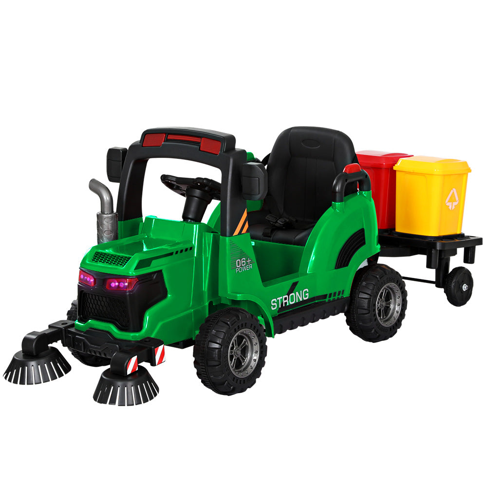 Kids Ride On Car Street Sweeper Truck w/ Rotating Brushes Garbage Cans - Green