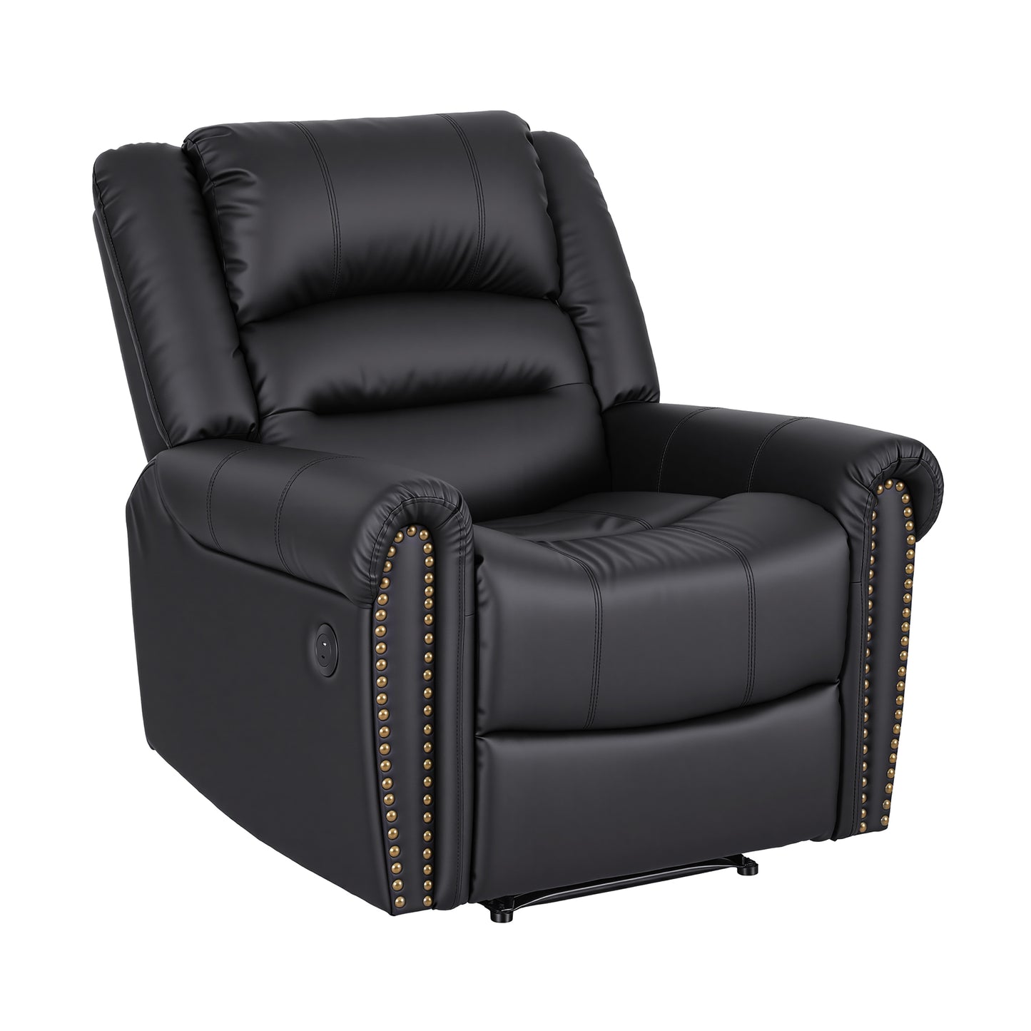 Harmonia Leather Manual Recliner Chair with USB Charge Port, Overstuffed Armchair Sofa - Black