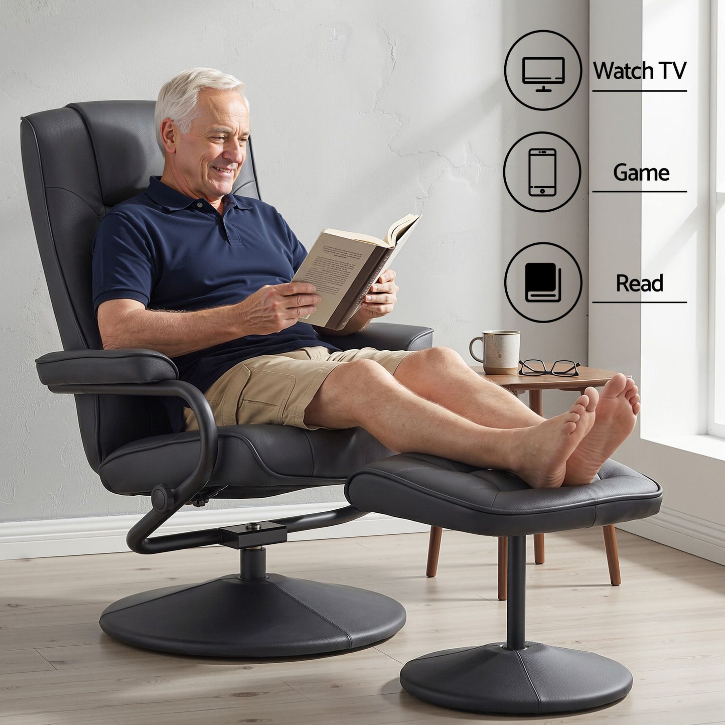 Hypnos Recliner with Ottoman 360-Degree Swivel Recliner Chair and Ottoman Set PU Leather - Black