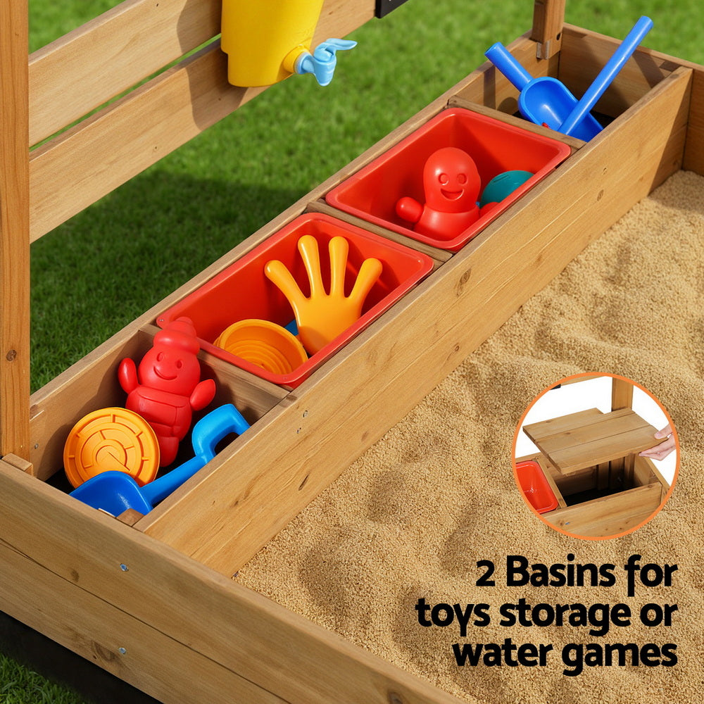 Keezi Kids Sandpit Wooden Sandbox Sand Pit with Canopy Water Basin Toys 146cm