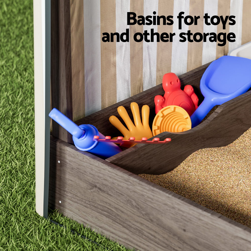 Kids Sandpit Wooden Sandbox Sand Pit with Canopy Window Water Basin 120cm