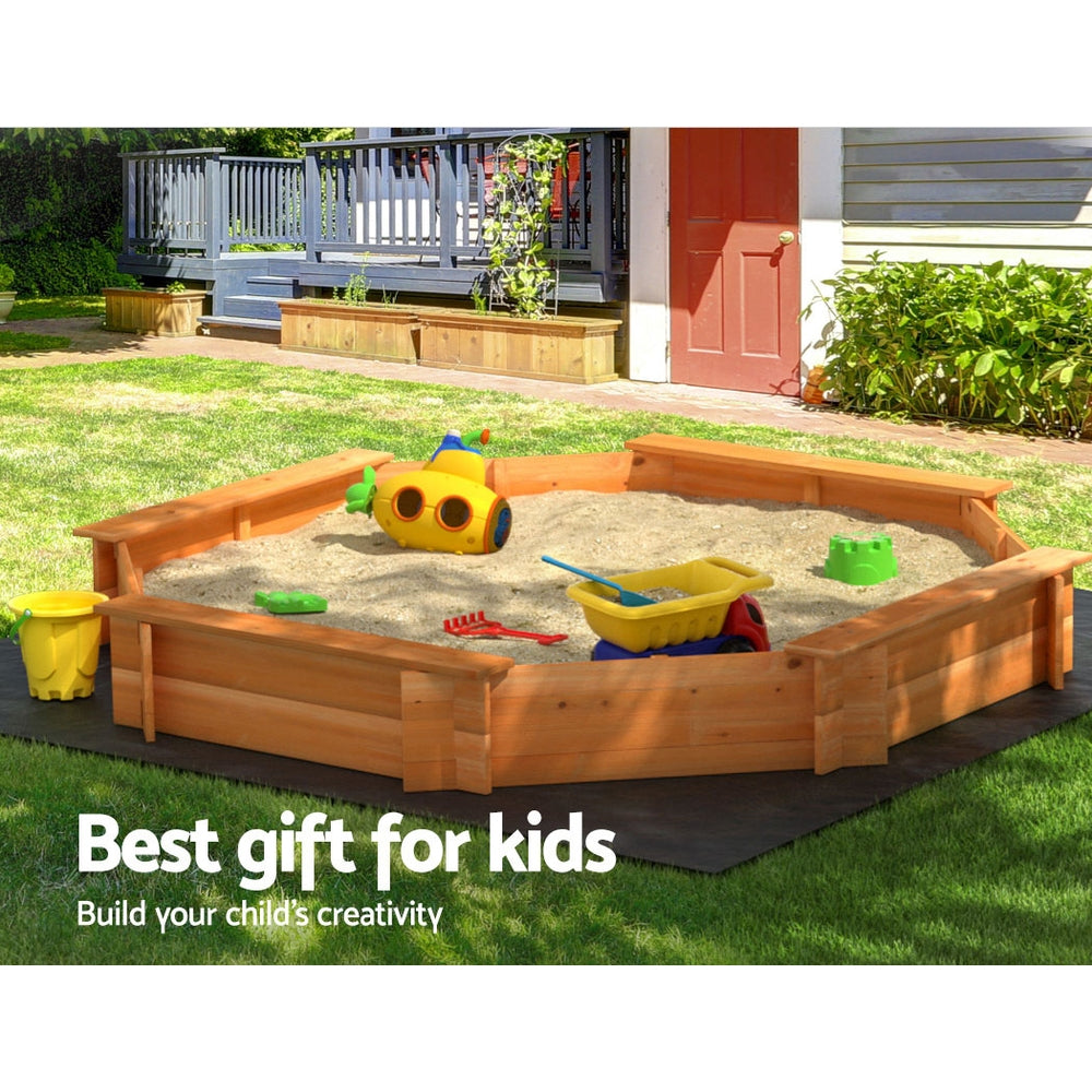 182cm Kids Sandpit Wooden Round Sand Pit with Cover Bench Seat Beach Toys