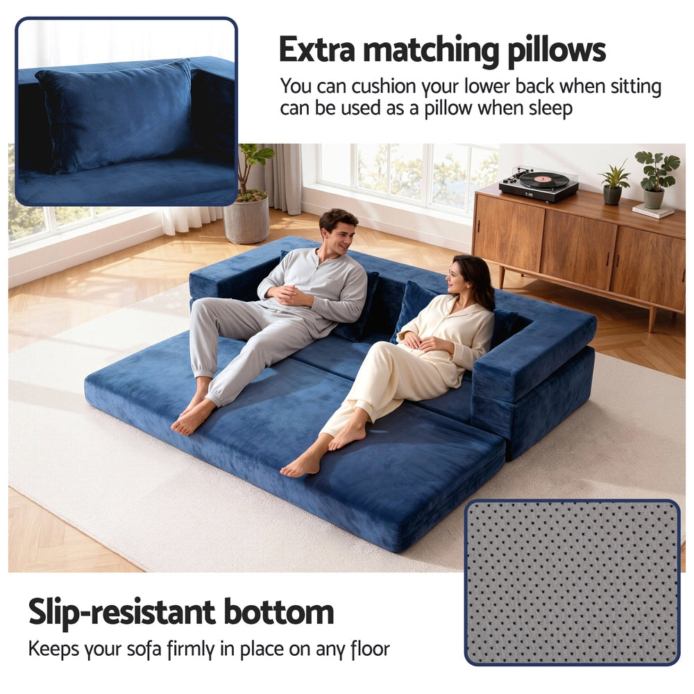 Maison 2 Seater Convertible Folding Sofa Bed Pull Out Mattress Foldable Lounge Couch Chair - Blue
