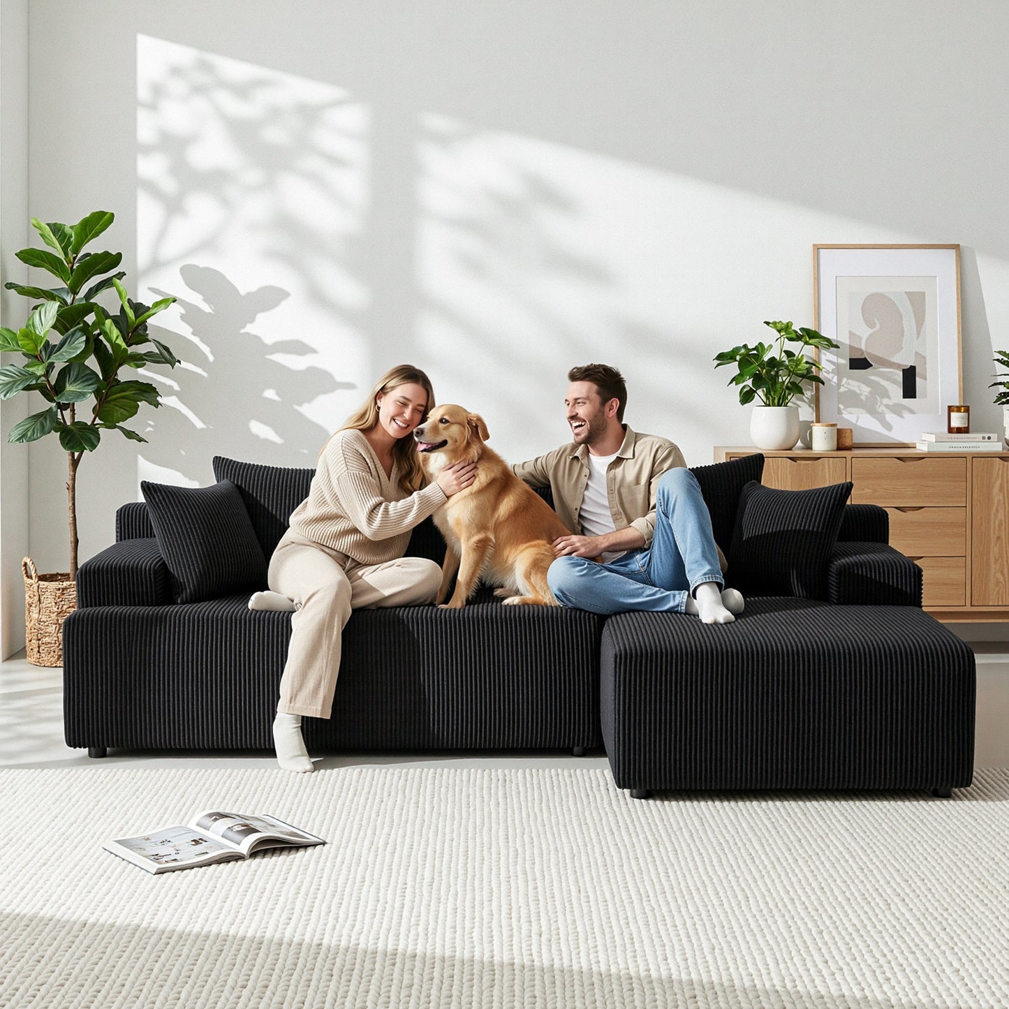 Marova 4-Seater Modular Sectional Sofa Bed Convertible L-Shaped Couch with Deep Seat for Living Room - Black