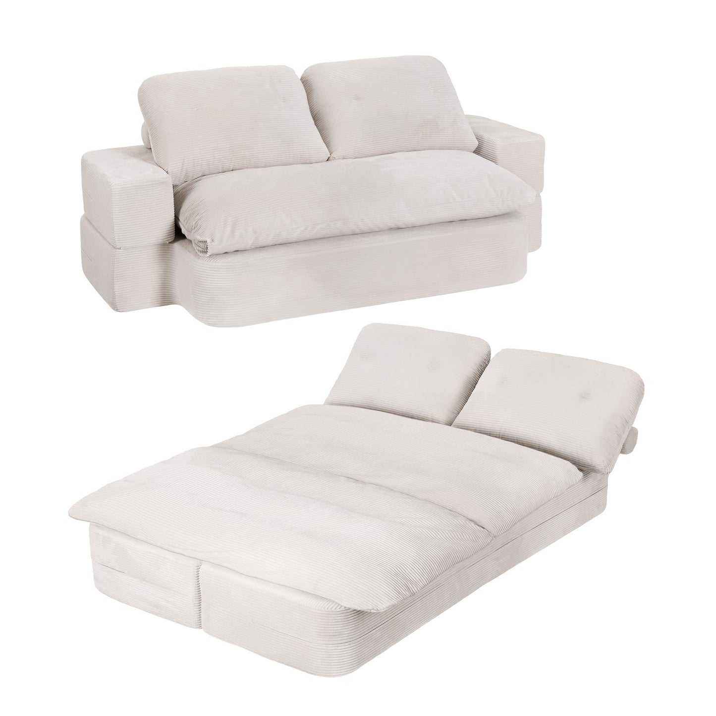 Maevia 2 Seater Convertible Folding Sofa Bed 30D High-Density Foam Boneless Couch with Corduroy Sleeper Couch Lounger - White