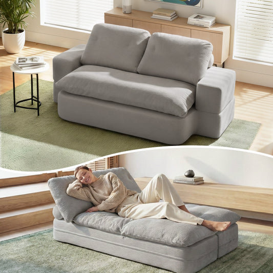 Maevia 2 Seater Convertible Folding Sofa Bed 30D High-Density Foam Boneless Couch with Corduroy Sleeper Couch Lounger - Grey