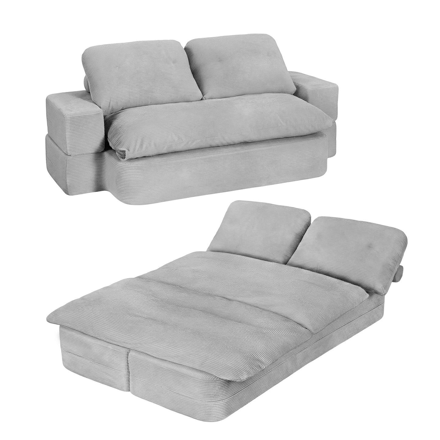Maevia 2 Seater Convertible Folding Sofa Bed 30D High-Density Foam Boneless Couch with Corduroy Sleeper Couch Lounger - Grey