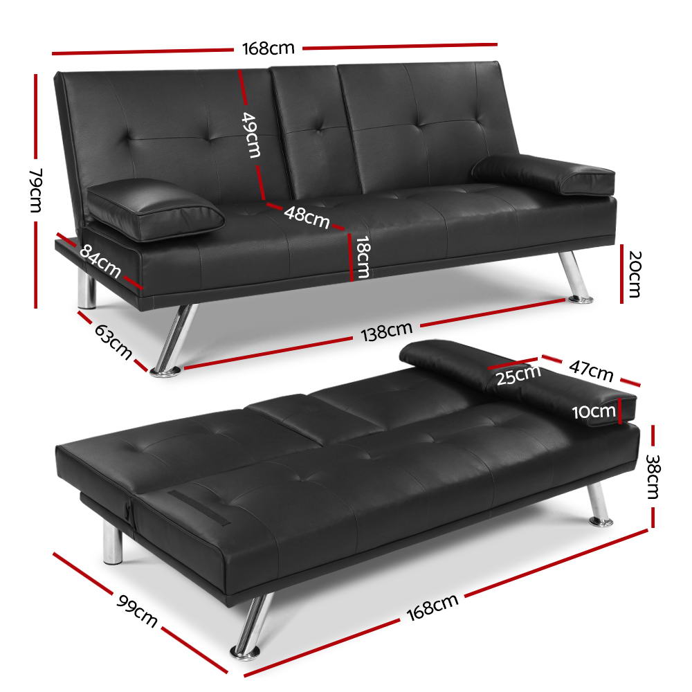 Madaline 2-Seater Leather Cup Holder Futon Sofa Bed Lounge Couch - Black