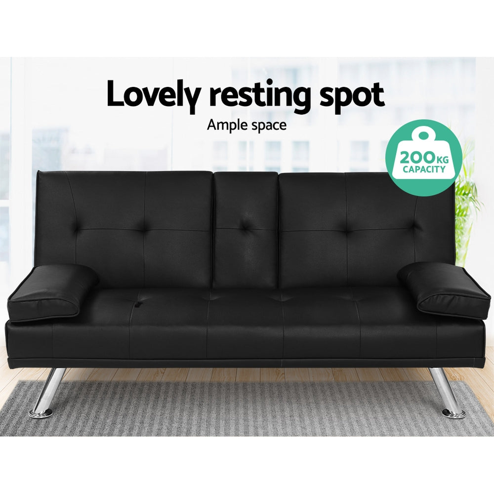 Madaline 2-Seater Leather Cup Holder Futon Sofa Bed Lounge Couch - Black