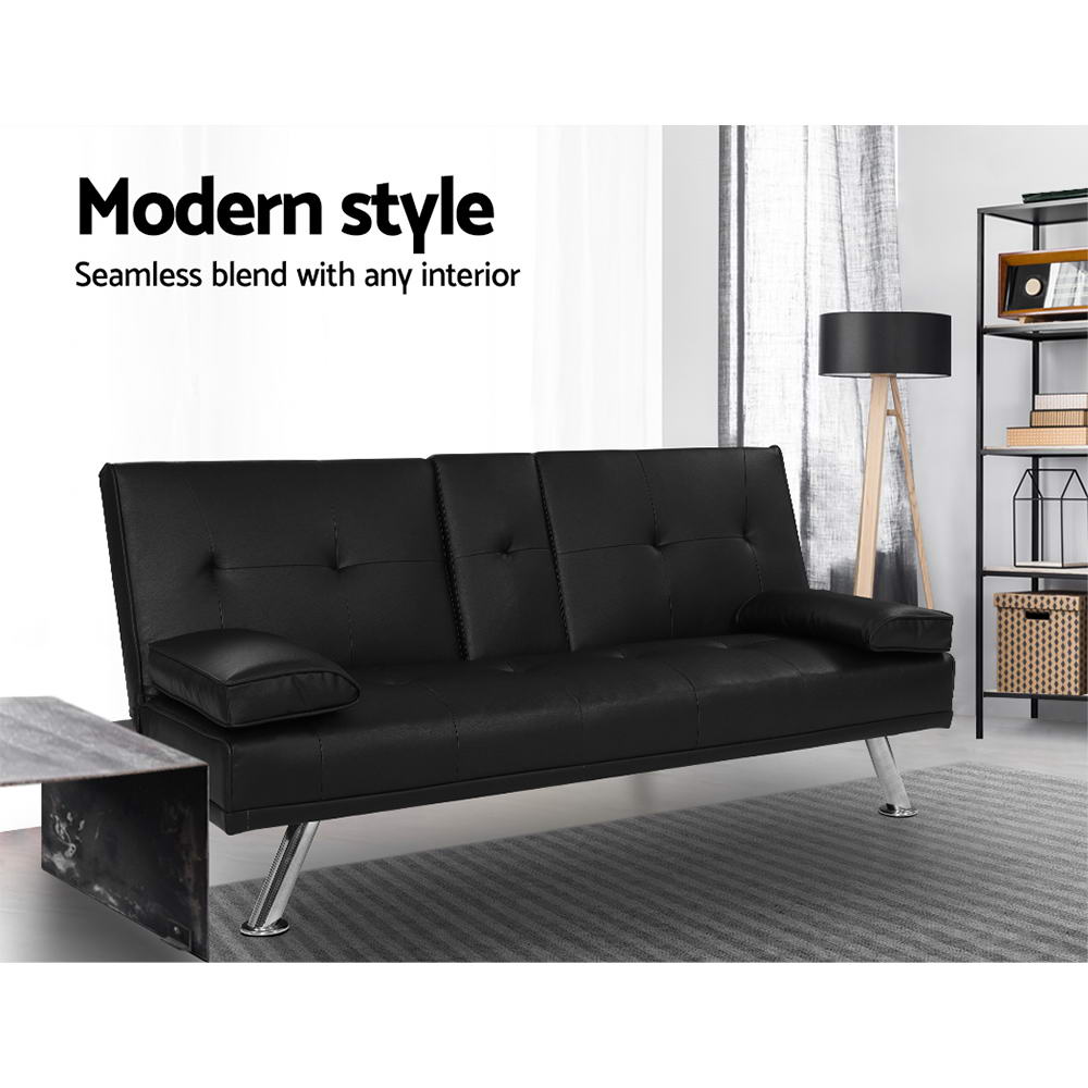 Madaline 2-Seater Leather Cup Holder Futon Sofa Bed Lounge Couch - Black