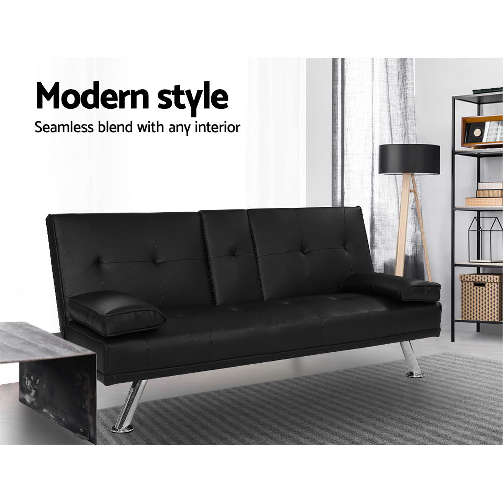 Madaline 3-Seater Leather Cup Holder Futon Sofa Bed Lounge Couch - Black