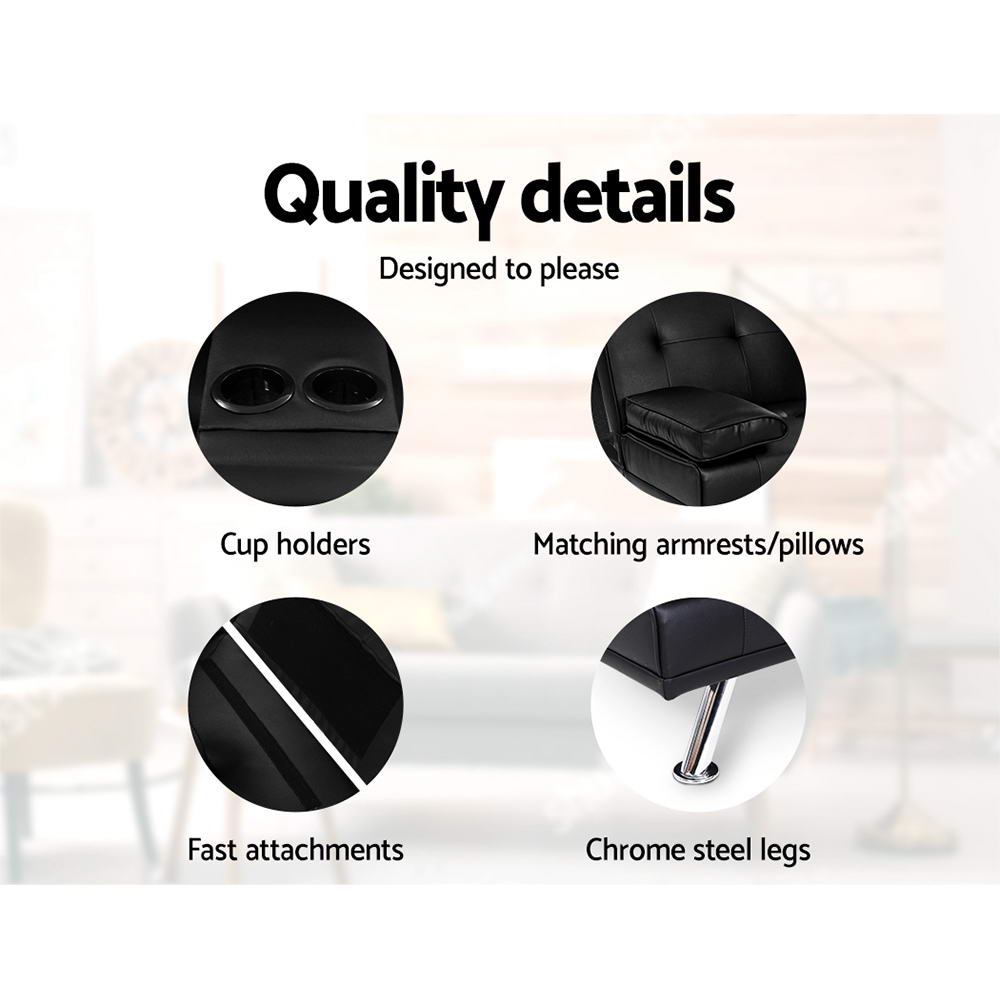 Madaline 2-Seater Leather Cup Holder Futon Sofa Bed Lounge Couch - Black