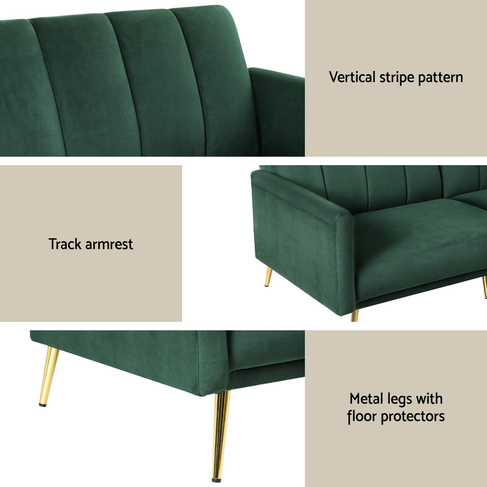 Madeleine 3 Seater Sofa Bed Couch Convertible Lounge Adjustable Arm Recliner Velvet - Green