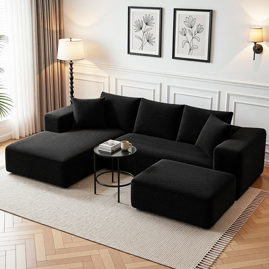 Metis 3 Seater Modular Sofa Bed with Ottoman Sectional Boneless Couches - Black