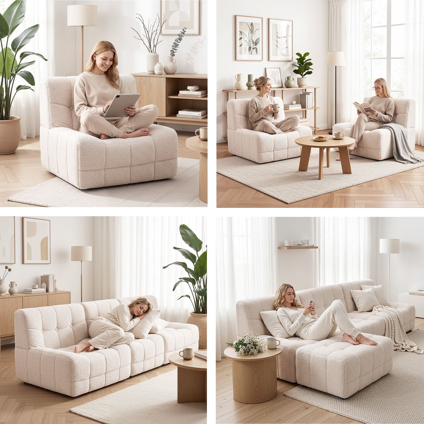 Melinae Single Small Boneless Couches for Living Room Fabric - White