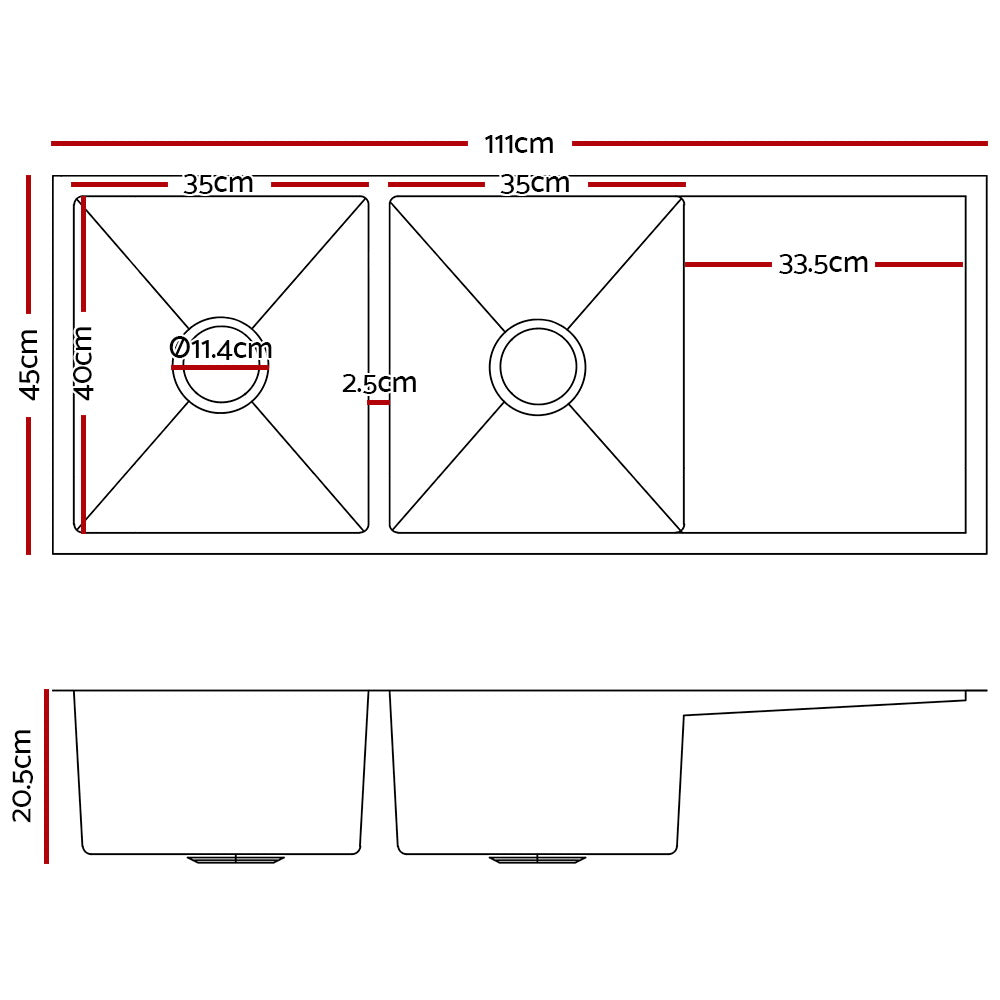 Cefito Kitchen Sink 111X45cm Stainless Steel Basin Double Bowl Silver