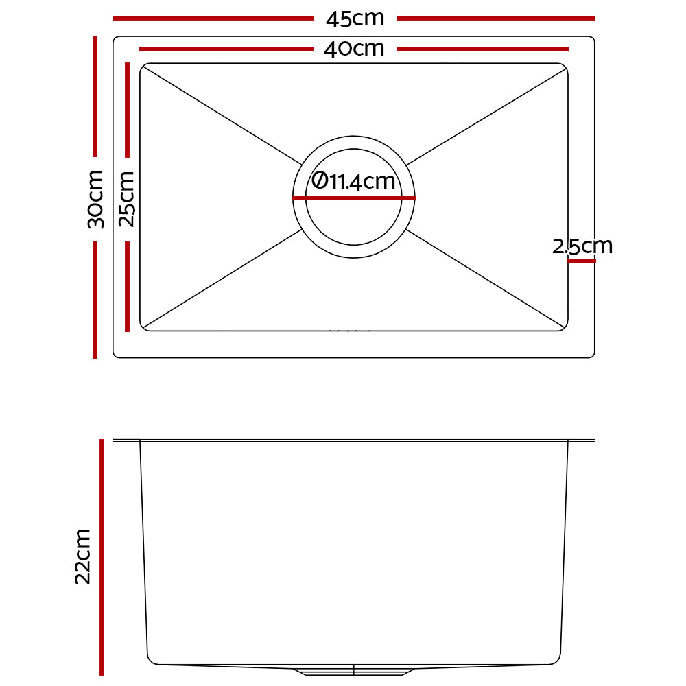 Cefito Kitchen Sink 45X30cm Stainless Steel Basin Single Bowl Silver