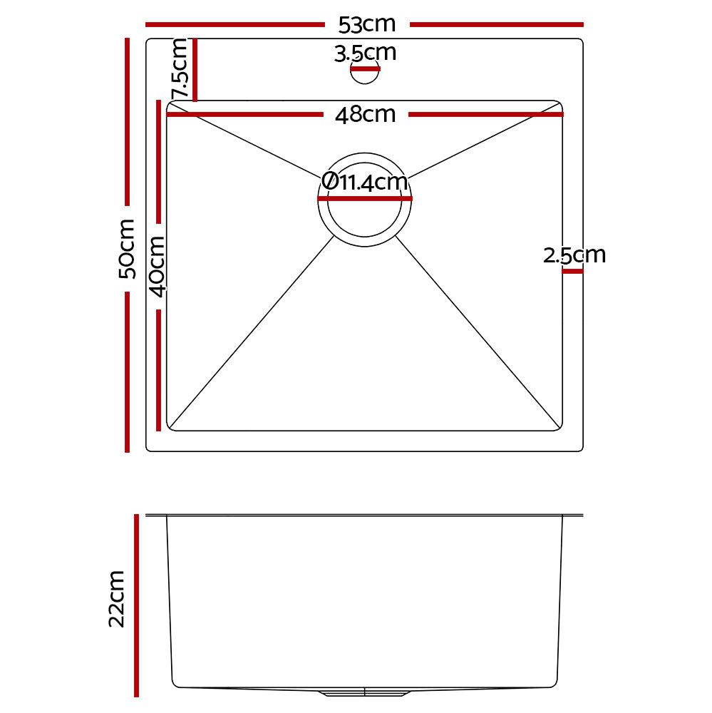 Cefito Kitchen Sink 53X50cm Stainless Steel Basin Single Bowl Silver