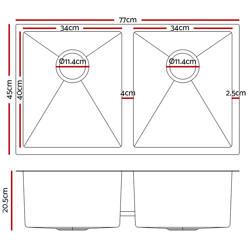 Cefito Kitchen Sink 77X45cm Stainless Steel Basin Double Bowl Silver
