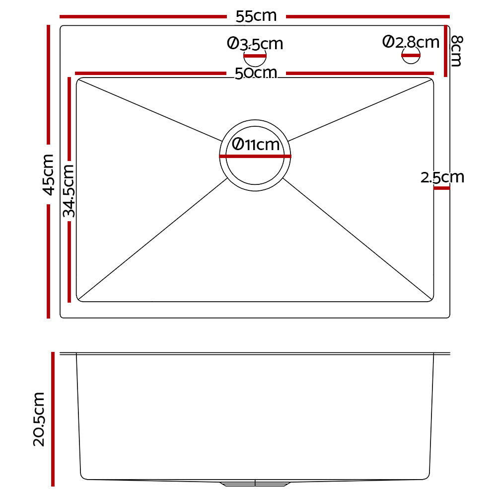 Kitchen Sink 55X45CM Stainless Steel Basin Single Bowl Extra Hole Silver