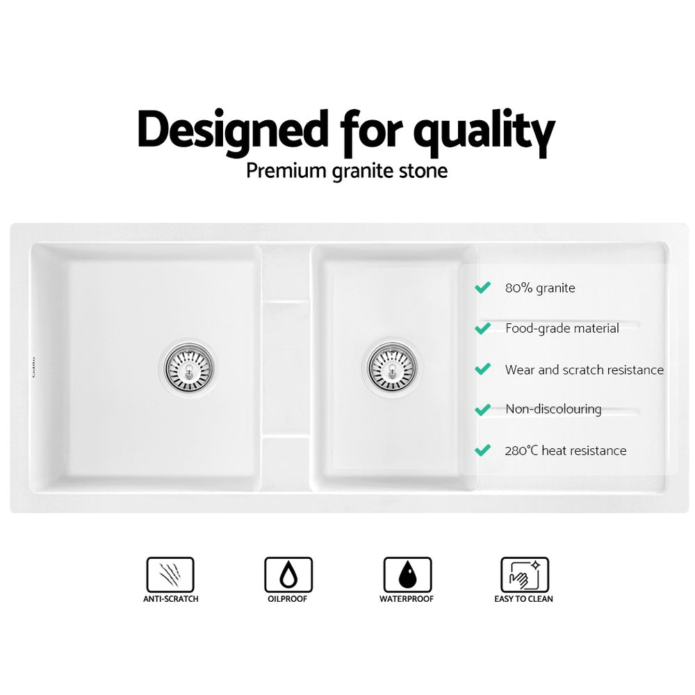 Stone Kitchen Sink 1160X500MM Granite Under/Topmount Basin Double Bowl White