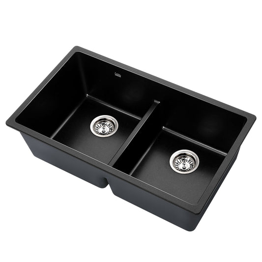 Stone Kitchen Sink 790X460MM Granite Under/Topmount Basin Double Bowl Black