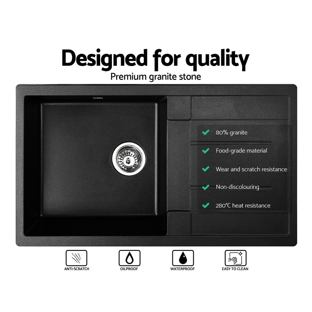 Stone Kitchen Sink 860X500MM Granite Under/Topmount Basin Bowl Laundry Black