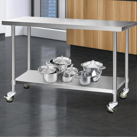 304 Stainless Steel Kitchen Benches Work Bench Food Prep Table with Wheels 1524Mmx610MM