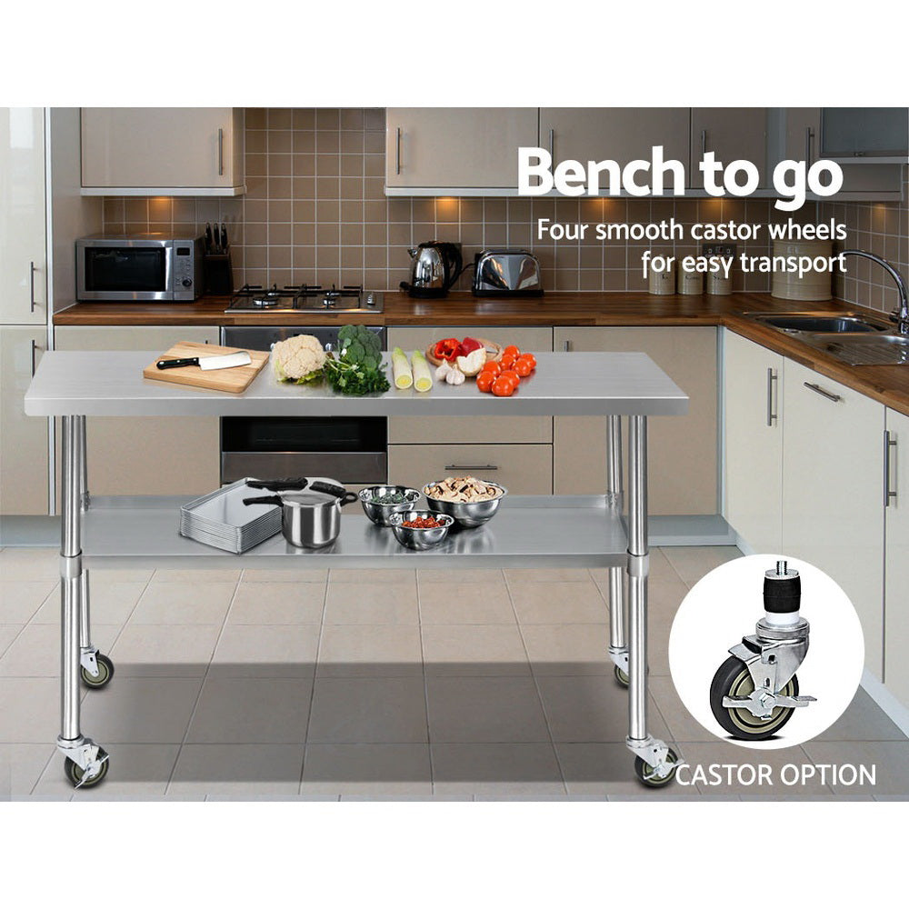 304 Stainless Steel Kitchen Benches Work Bench Food Prep Table with Wheels 1524Mmx610MM