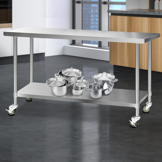 304 Stainless Steel Kitchen Benches Work Bench Food Prep Table with Wheels 1829Mmx610MM