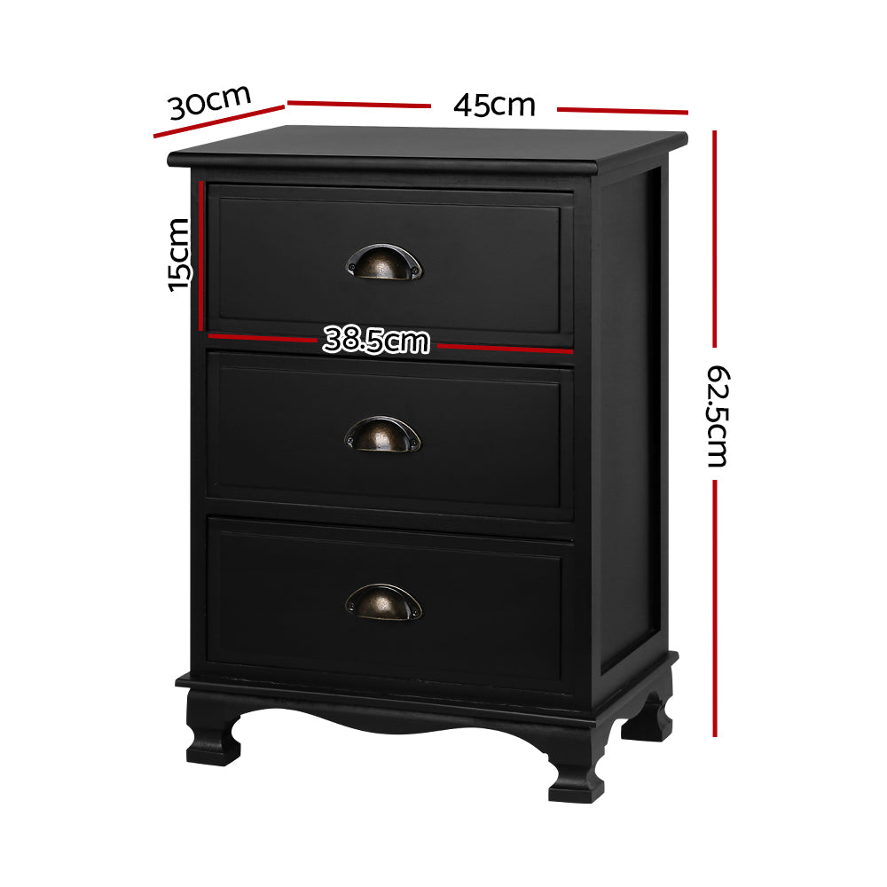 Gander Wooden Vintage Bedside Tables Vintage Chest Storage Cabinet Nightstand with 3 Drawers - Black