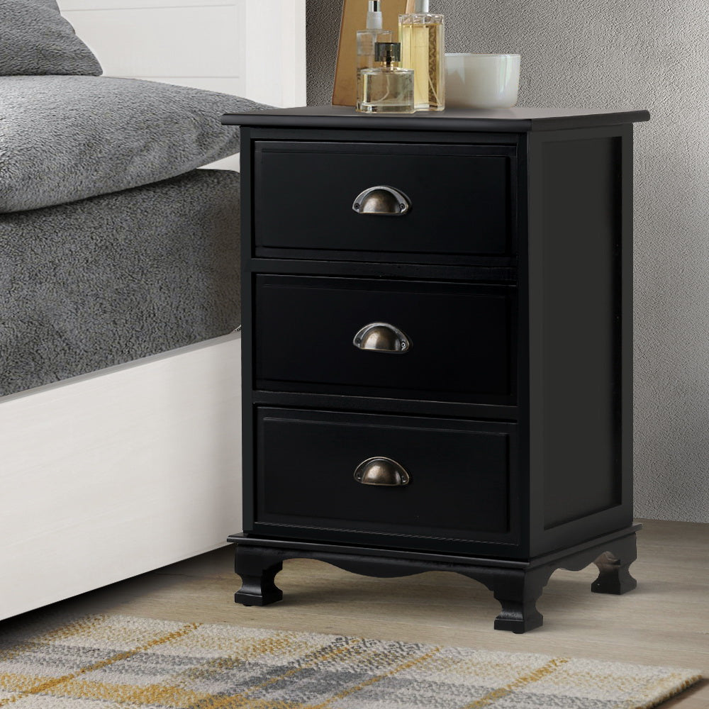 Gander Wooden Vintage Bedside Tables Vintage Chest Storage Cabinet Nightstand with 3 Drawers - Black