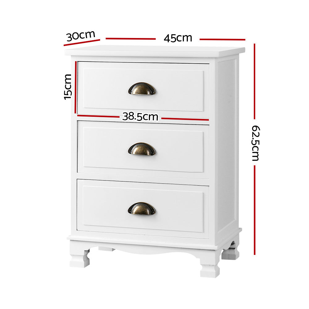 Gander Wooden Vintage Bedside Tables Vintage Chest Storage Cabinet Nightstand with 3 Drawers - White