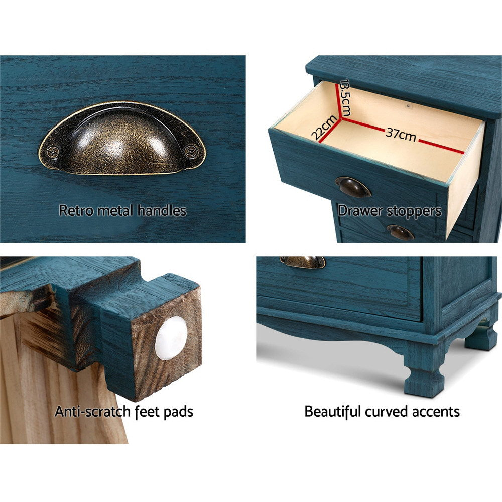 Gander Wooden Vintage Bedside Tables Side Table Cabinet Vintage Storage Nightstand with 3 Drawers - Blue