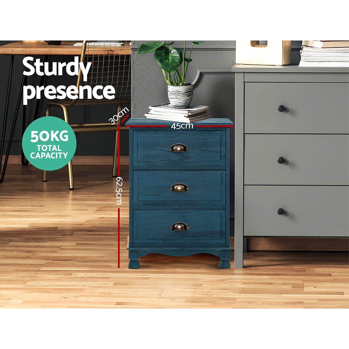 Set of 2 Gander Wooden Vintage Bedside Table Side Table Cabinet Vintage Storage Nightstand with 3 Drawers - Blue