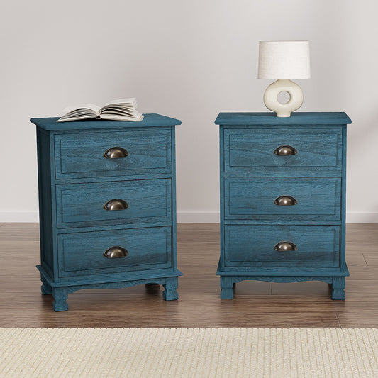 Set of 2 Gander Wooden Vintage Bedside Table Side Table Cabinet Vintage Storage Nightstand with 3 Drawers - Blue