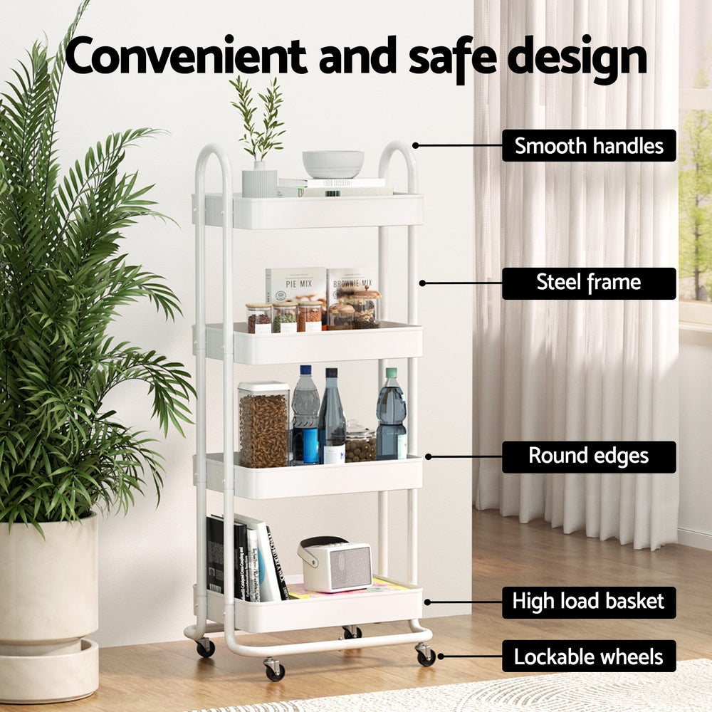 Storage Trolley Kitchen Cart 4 Tiers - White