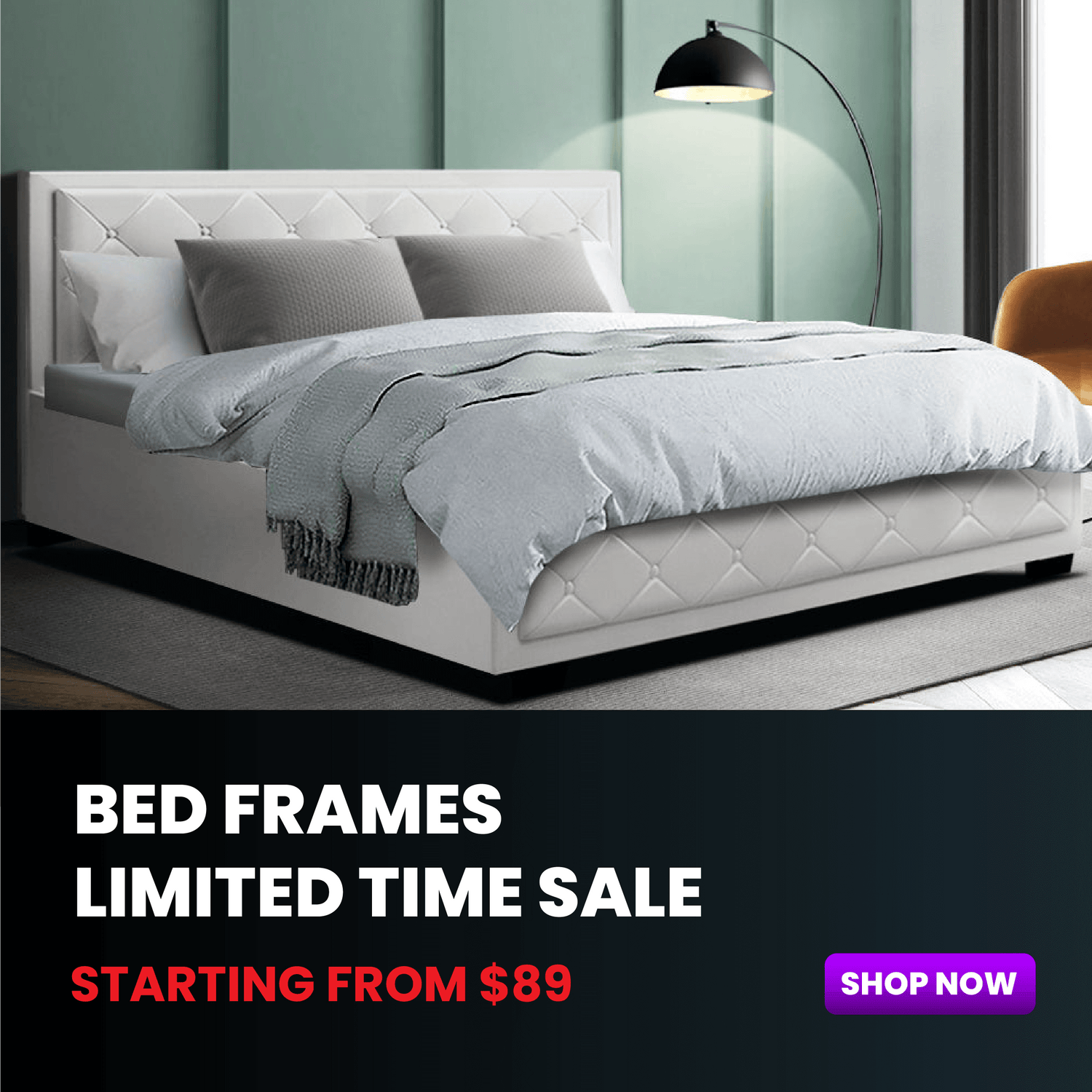 Modern bed with white bedding in a bedroom setting, promotional text for limited time sale.
