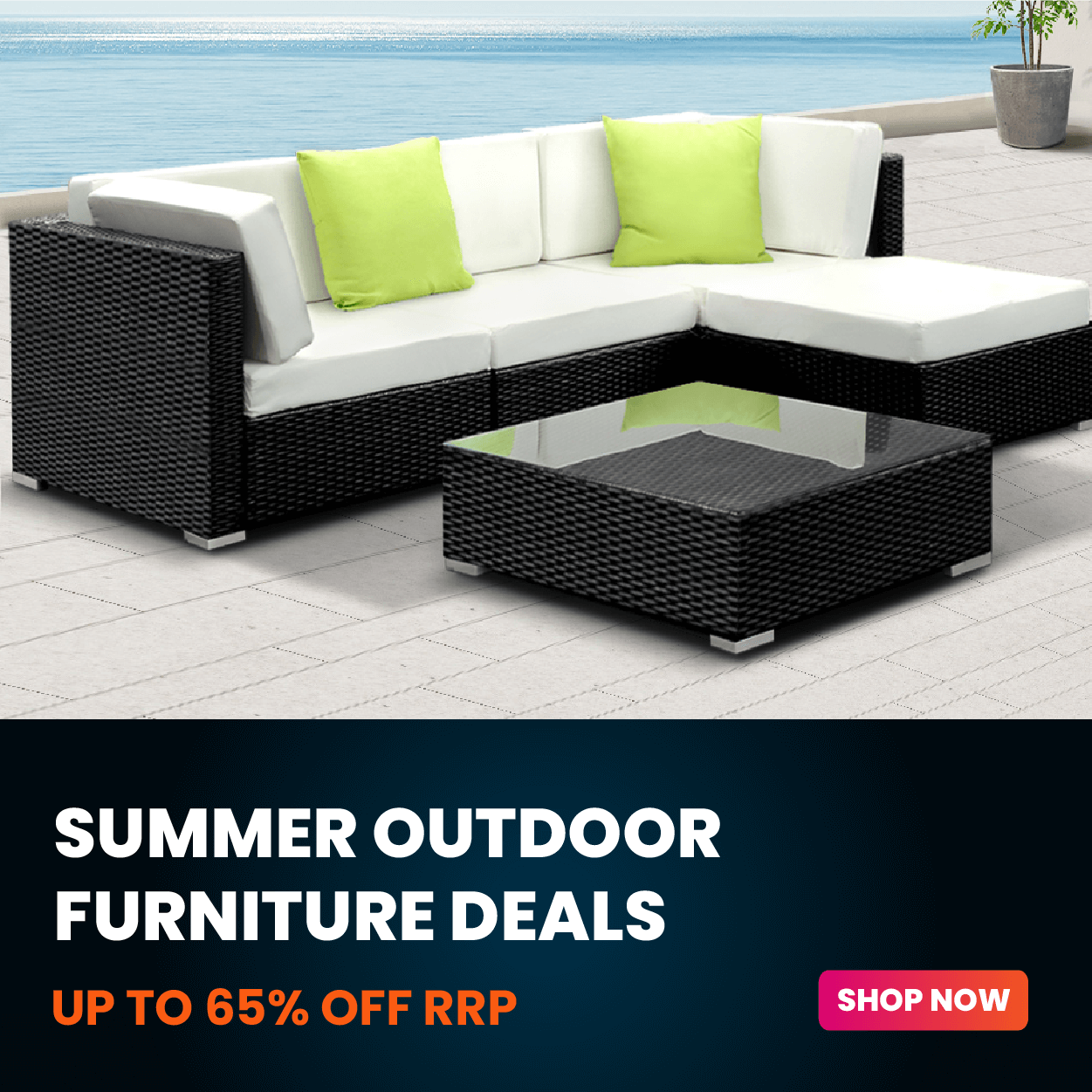 Outdoor furniture set with black frame and white cushions, featuring a promotional banner for summer outdoor furniture deals.