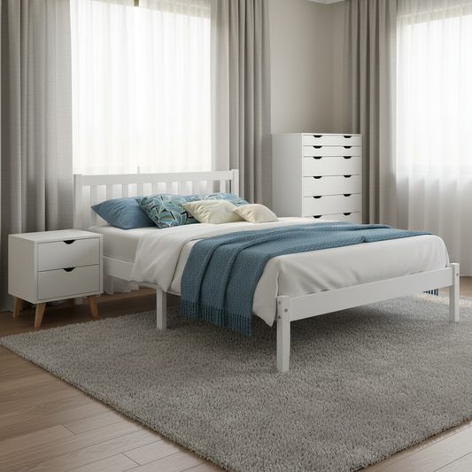 Stirling King Single Bedroom Suite 5 Piece 1x King Single Mattress, 1x King Single Wooden Bed Frame, 2x White Wooden Bedside Tables and 1x White Tallboy