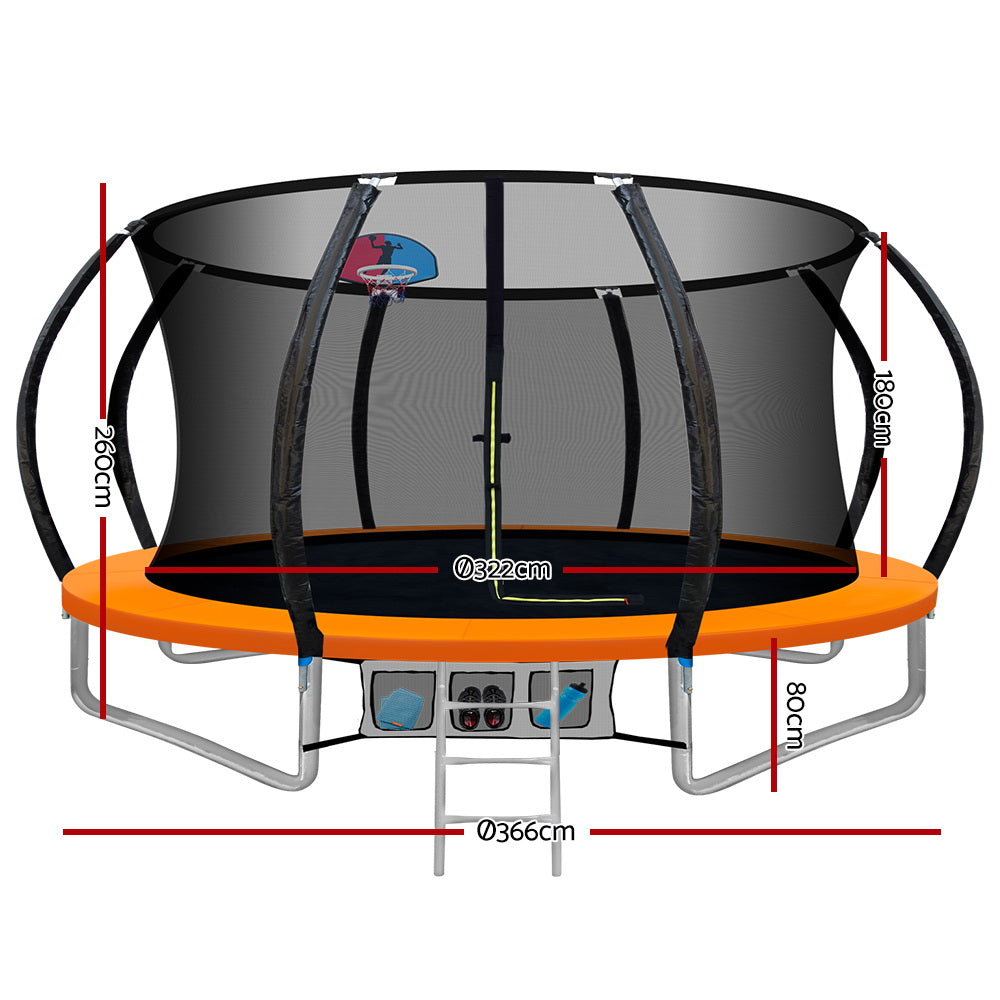 12FT Trampoline Round Trampolines With Basketball Hoop Kids Present Gift Enclosure Safety Net Pad Outdoor Orange