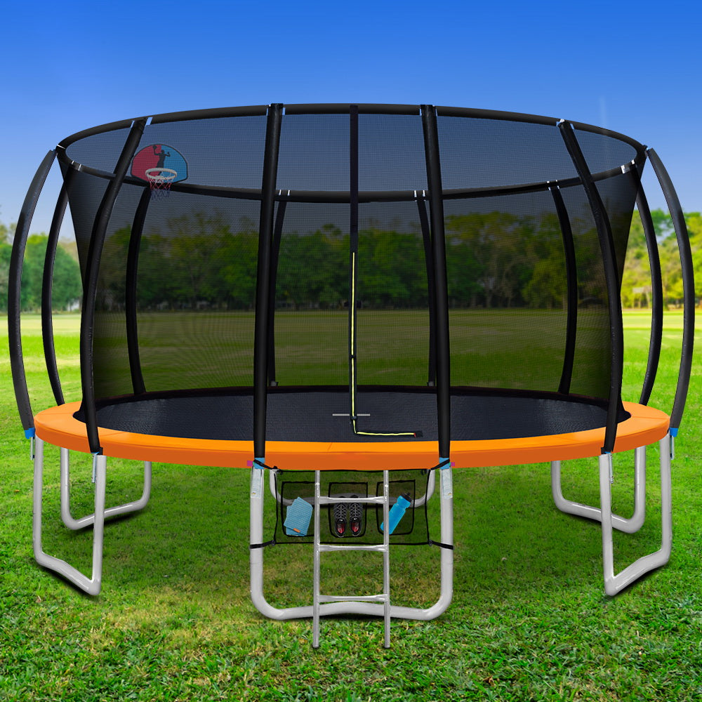 16ft Trampoline Round Trampolines With Basketball Hoop Kids Present Gift Enclosure Safety Net Pad Outdoor Orange