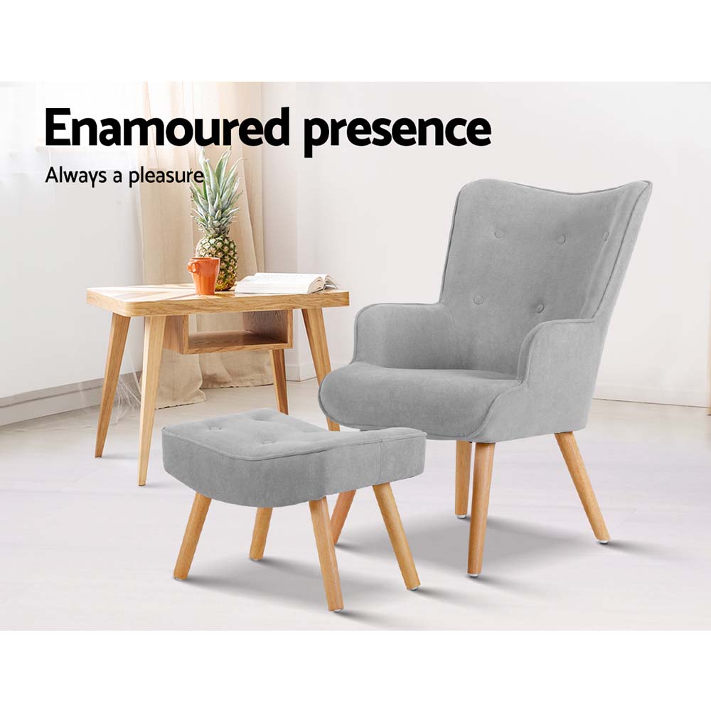 Velvet Armchair and Ottoman - Light Grey
