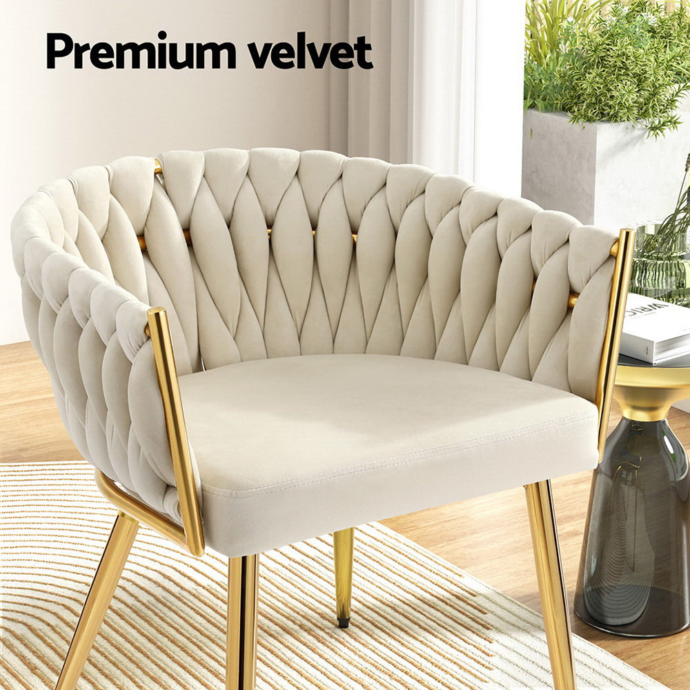 Elodie Set of 2 Dining Chair Velvet Weaving Armchair - Beige